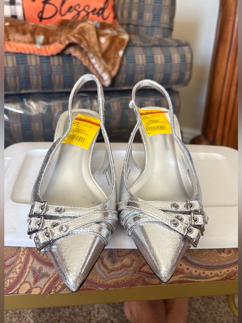 Silver Pointed Slingback Heels - Women's Silver Dress Shoes